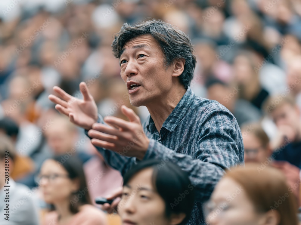 Obraz premium Asian man speaking passionately in a crowded lecture hall with hands raised