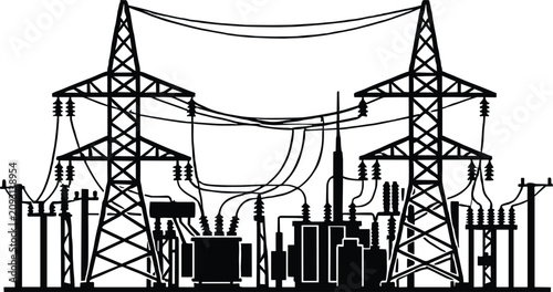Cuadro en lienzo Electrical substation with transformers and pylons silhouette electricity power