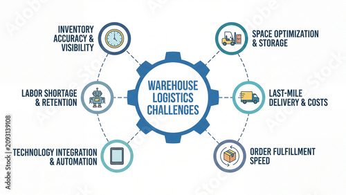 Warehouse logistics challenges infographic covering inventory accuracy labor shortage space optimization delivery costs automation and order fulfillment in supply chain management