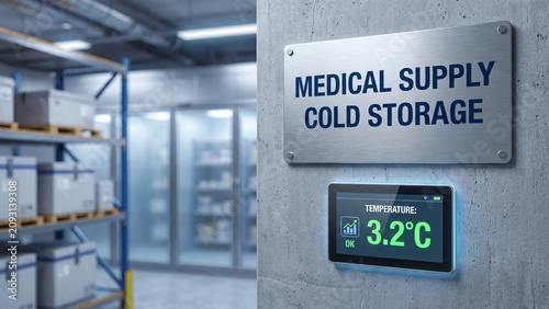Medical supply cold storage room  with digital temperature monitoring display for pharmaceutical refrigeration and healthcare inventory preservation