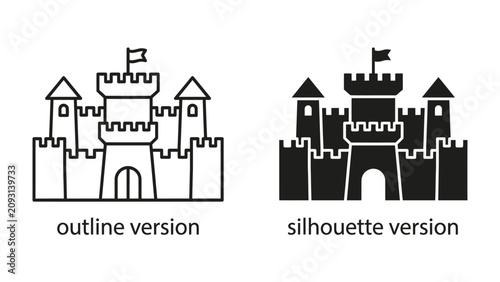 Photos Castle Icons: Two distinct representations of a medieval castle, one in outline and the other as a solid silhouette, showcasing architectural features like battlements, towers, and a central gate