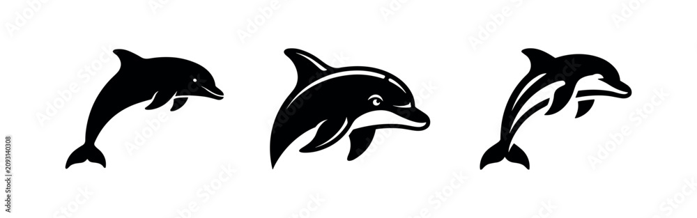 Fototapeta premium Playful Dolphin Icons Set. Dynamic vector silhouettes of leaping marine mammals, great for ocean, wildlife, or aquatic designs.