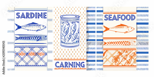 Photos sardine and seafood retro illustration set fish