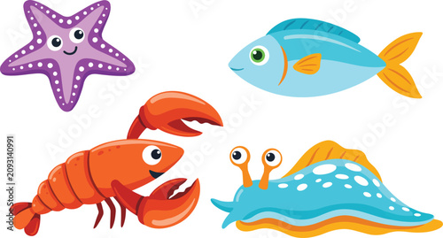 Foto Cute Sea Life Vector Set with Starfish Fish Lobster and Sea SlugCute Sea Life Ve