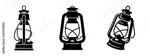 Foto Classic Kerosene Lantern Silhouettes - Vintage Oil Lamp Icons for Camping and Ou