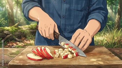 A person carefully chopping a fresh red apple on a rustic wooden cutting board outdoors