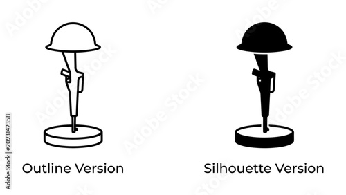 Cuadro en lienzo Tomb of the Unknown Soldier Memorial Icons: Two simplified graphic representations, an outline and a silhouette, depict a fallen soldier's helmet and rifle on a stand