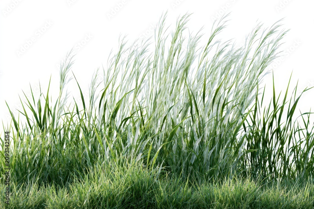 Fototapeta premium Ornamental grass with thin stalks and green leaves isolated on white background