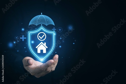 Home Insurance and Property Protection Concept With Glowing Shield and Umbrella