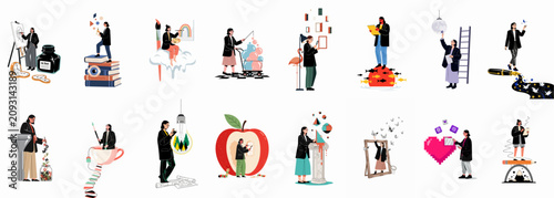 фотографія Set of surreal flat vector illustrations featuring a creative woman exploring concepts of imagination, art, knowledge, and time in various metaphorical scenarios