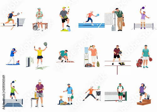 Collection of diverse senior people playing pickleball, featuring various poses such as serving, resting, and celebrating, isolated on a white background.