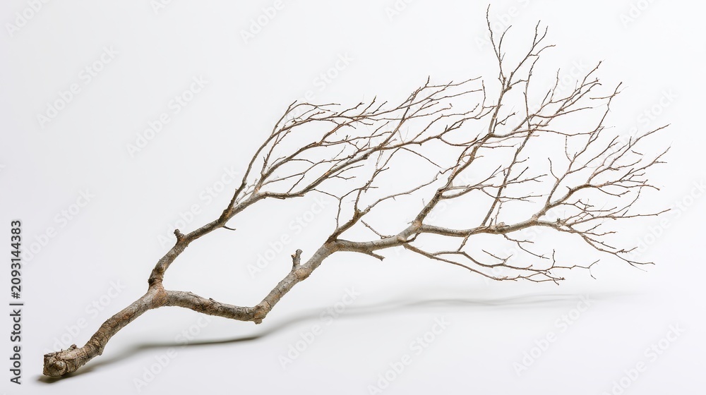 Fototapeta premium A sprawling dry tree branch with complex twig structure isolated on white background