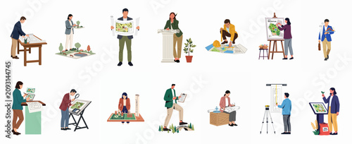 Flat vector set of professional urban planners, architects, and landscape designers working on city development, blueprints, and environmental projects.