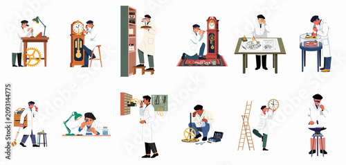 Принти на полотні Illustration of a professional watchmaker working on various timepieces including grandfather clocks and wristwatches using specialized tools and magnifying loupes