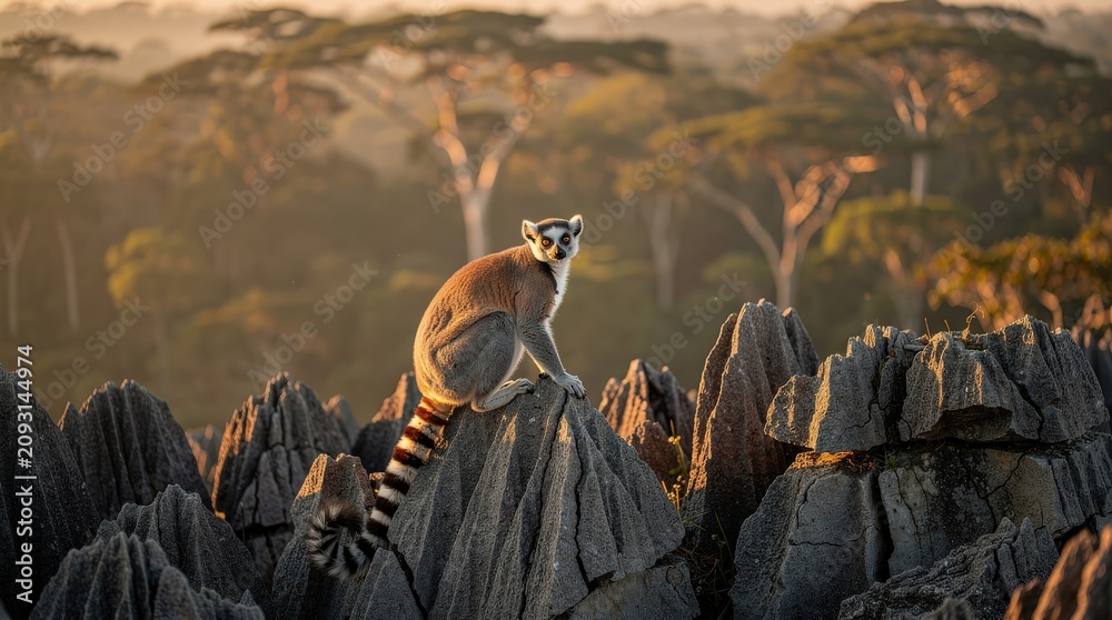 Fototapeta premium A ring-tailed lemur sits atop jagged rocks in a sunlit forest, surrounded by distant trees bathed in warm, golden light.