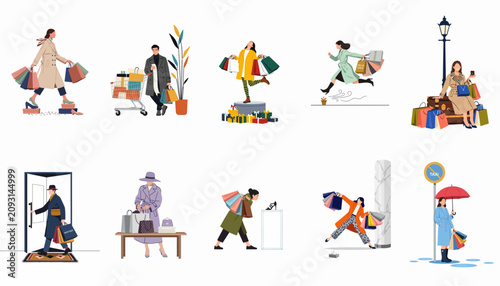 Foto Flat illustration set of various people shopping, carrying bags, and enjoying seasonal sales and luxury retail therapy