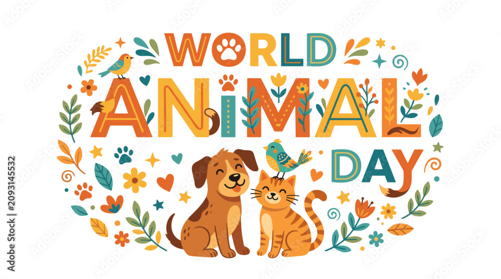 Fototapeta premium World Animal Day illustration with dog, cat, and colorful flowers 