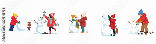 Illustration set of children wearing warm puffer jackets and hats, engaged in various steps of building snowmen, isolated on a white background.