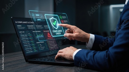 AI compliance and ethics dashboard on laptop screen, businessman performing digital compliance check, futuristic cybersecurity and data privacy interface