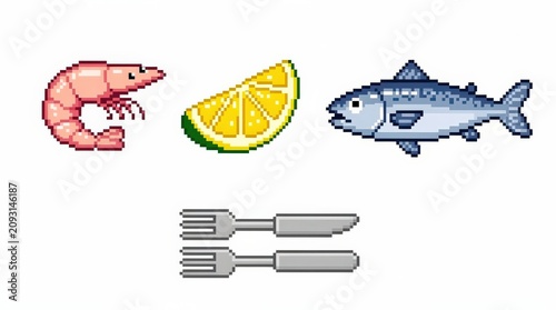 Pixel art of shrimp, lemon wedge, fish, and cutlery (fork and knife) arranged in a simple layout on a white background.