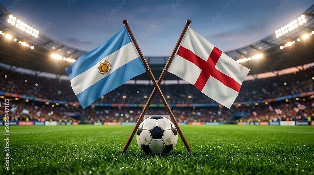 Obraz premium Argentina vs england football match concept with crossed national flags and soccer ball on stadium grass pitch under bright lights