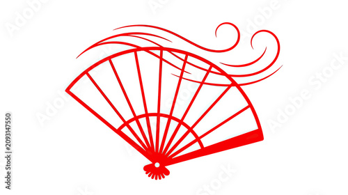 Red traditional folding fan with swirling wind design element