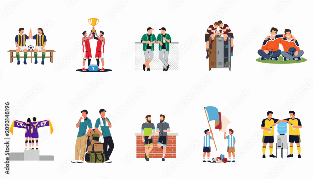 Fototapeta premium Set of Flat Vector Illustrations Featuring Diverse Athletes and Sports Teams Including Soccer, Basketball, Baseball, and Cycling Activities.