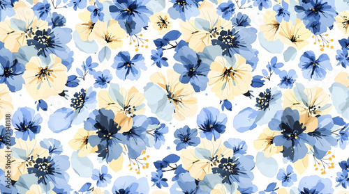 Elegant seamless watercolor floral design with colorful blossoms and leafy botanical accents on white background