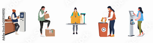 Obraz na plátně Flat illustrations showing people using automated parcel return systems, self-service kiosks, and recycling cardboard boxes for efficient e-commerce logistics