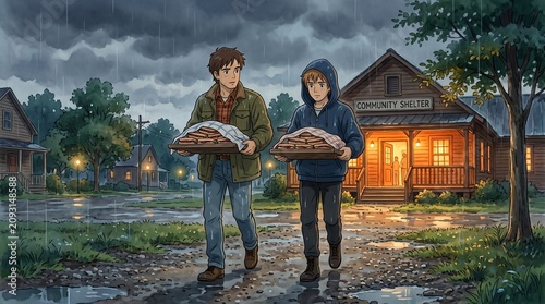 Two young men carrying trays of food towards a community shelter during heavy evening rain