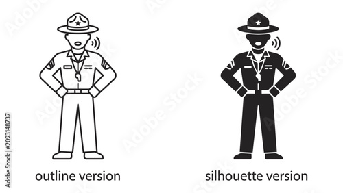 Photos Drill Sergeant Icon: A visual representation of a drill sergeant in both outline and silhouette versions, conveying authority and instruction