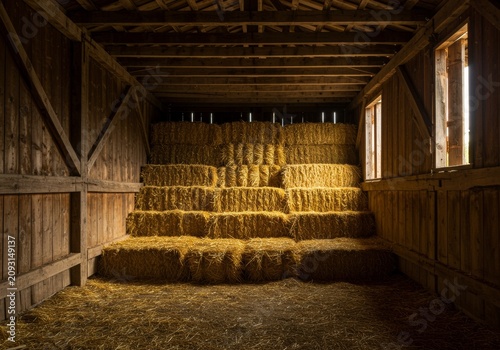 Stacked golden hay bales arranged like steps inside a dark rustic wooden barn with sunlight streaming through the wooden plank walls