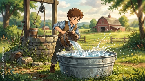 Young country boy pouring fresh water from wooden bucket into a large metal basin at farm