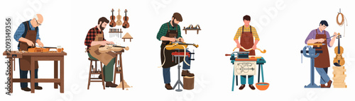 Fotografie Collection of flat vector illustrations depicting professional luthiers at work, showcasing various stages of crafting a handmade wooden violin in a workshop