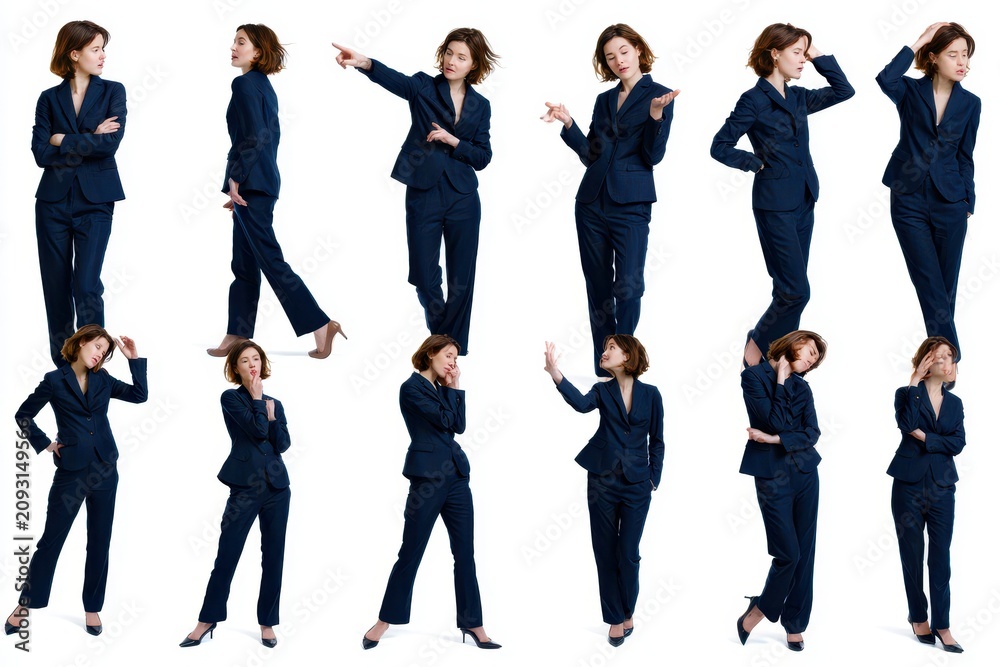 Fototapeta premium Set of fulllength portraits of a young businesswoman in a dark blue suit posing in various positions isolated on white background