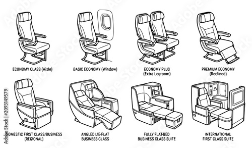 Airplane Passenger Seat Vector Icon Set Featuring Aircraft Cabin Classes From Basic Economy and Premium Recliner to Luxury First Class Business Suites Diagrams