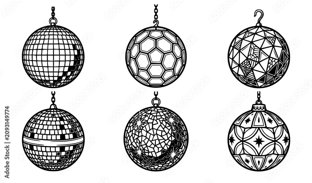 Obraz premium Disco Ball Ornament Collection with Mirror Sphere Decorations, Party Celebration Elements, Retro Dance Accessories and Festive Vector Set