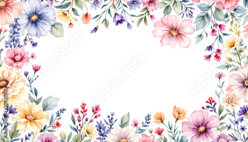 Obraz na płótnie Beautiful watercolor botanical frame with blooming spring flowers surrounding ge