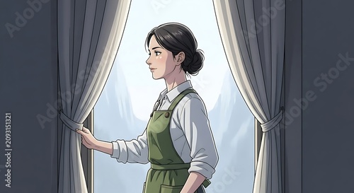 Young woman in a green apron standing near a bright window while pulling open soft curtains