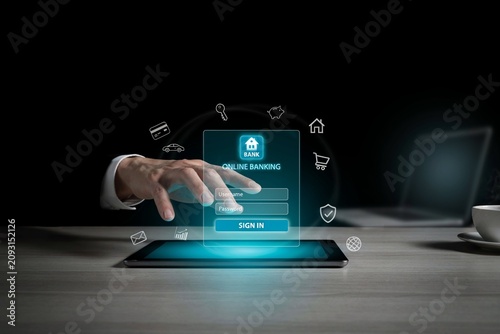 Online Banking Login Interface on Tablet, Digital Finance and Cybersecurity Concept