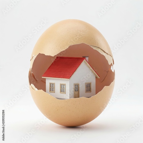 House Inside Cracked Eggshell, Creative Home and New Beginning Concept