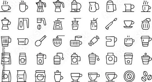 Bild auf Leinwand Coffee Brewing Equipment Outline Icons with Cups, Grinders and Espresso Makers