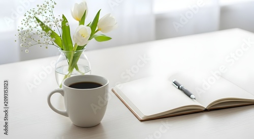 Cozy Morning Scene with Coffee Tulips and Journal.