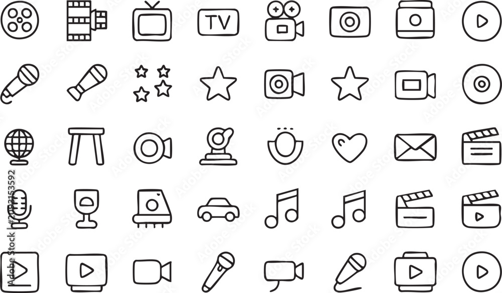 Fototapeta premium Video Streaming and Entertainment Outline Icons with Cameras, Players and Microphones