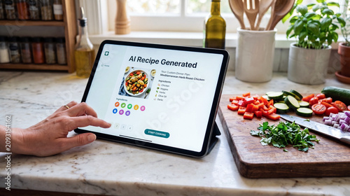 A person uses a tablet displaying an AI generated recipe on a kitchen counter next to a cutting board with chopped vegetables, a knife, and fresh herbs.