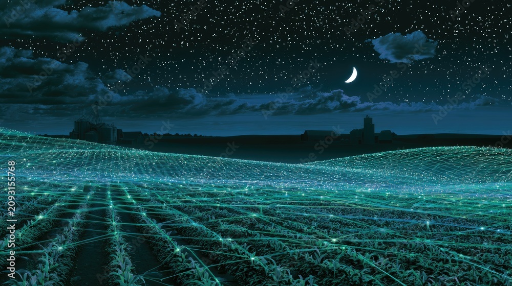 Fototapeta premium Illuminated agricultural field at night, with stars, moon, and distant buildings