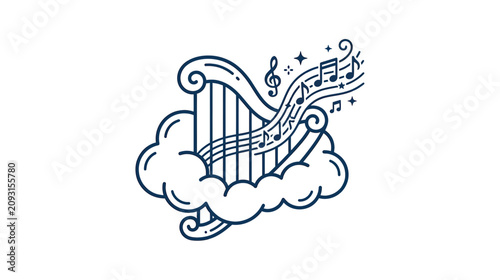 Fotografie Harp sitting in clouds with floating musical notes and stars
