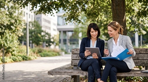 Two Businesswomen Collaborating on a Tablet Outdoors in a Park Setting.