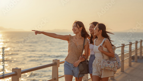 夕暮れの海辺で笑い合う日本人女性の旅行仲間