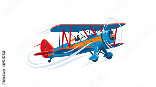 Bild auf Leinwand Retro Biplane Flying Fast, Vintage Aircraft, Aviation Adventure